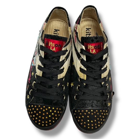Kitson LA Black Leather Embellished Patchwork Sneakers - Picture 2 of 9